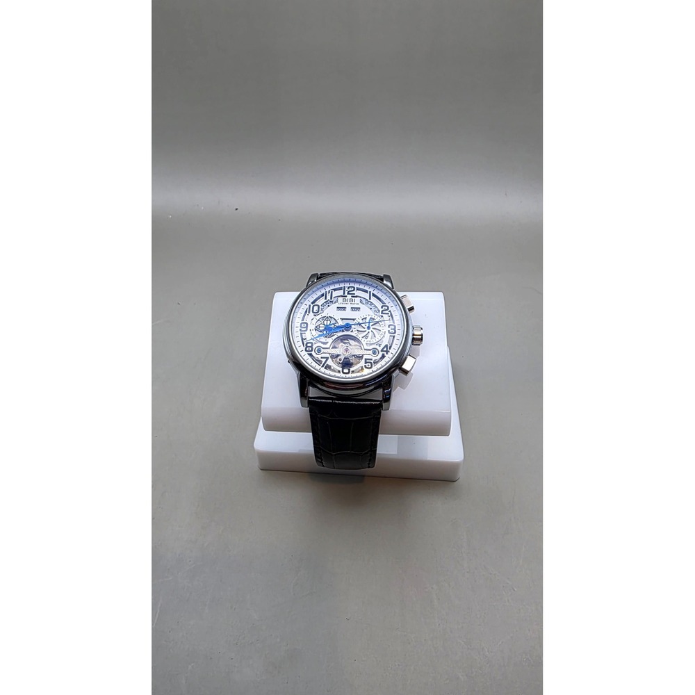 BiBi Luxury Watch Mens Mechanical Automatic Skeleton Silver Black Leather New